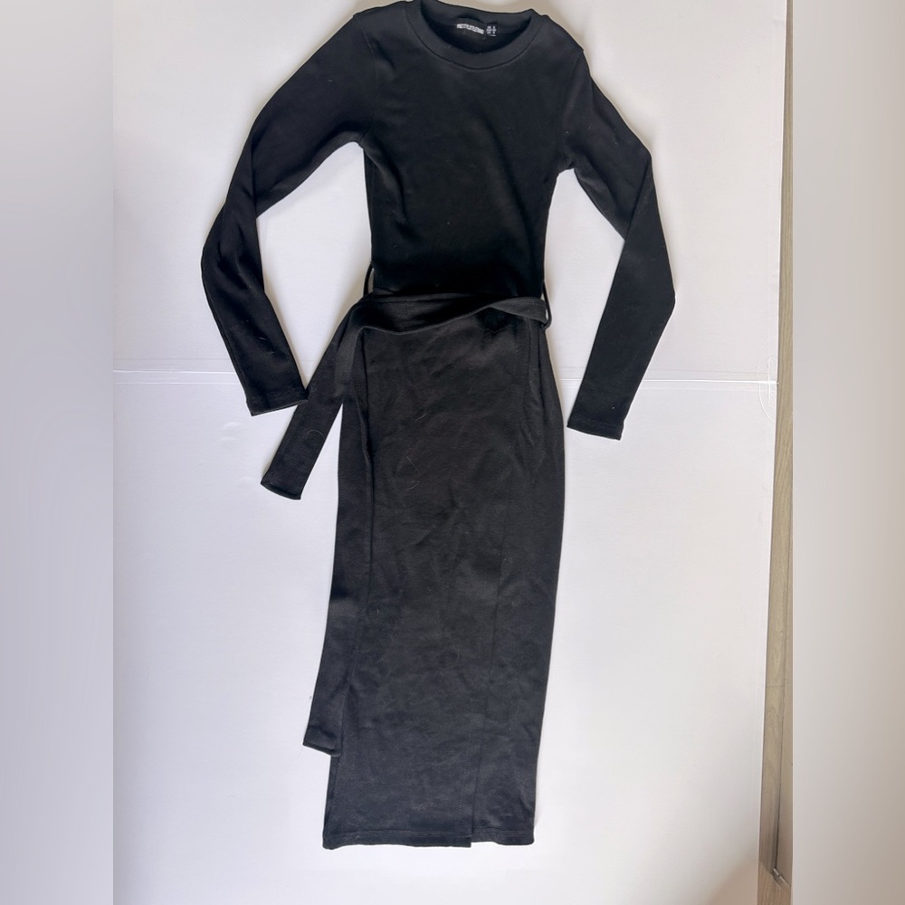 Black Heavy Rib Tie Waist Wrap Midi Dress